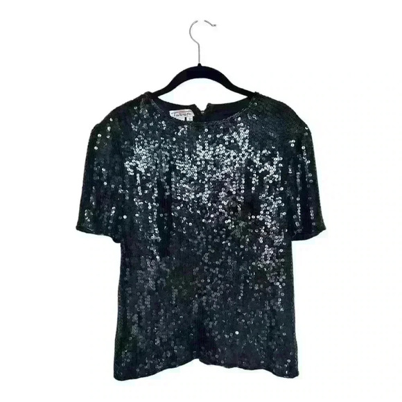 Talbots Tops - Talbots Vintage 100% Silk Black Sequin Round Neck Short Sleeve Blouse, sz Small